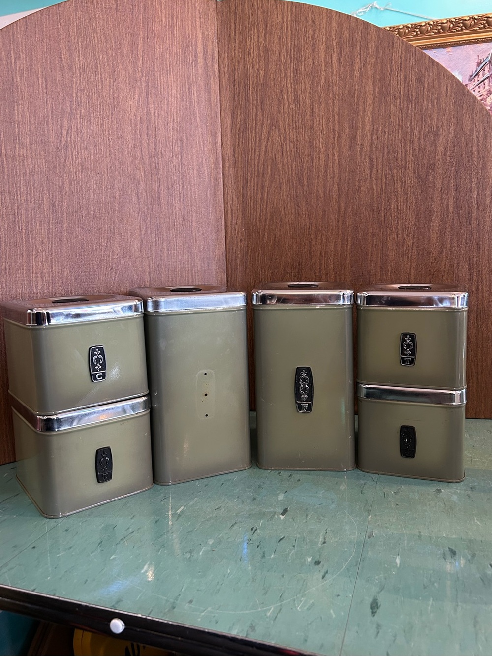 Vintage canister set 1960’s avocado green tin “the queen line” 6 piece set